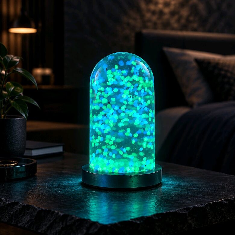 LED nakts lampa no epoksīda sveķiem ar tumsā spīdošiem akmentiņiem, USB ar slēdzi