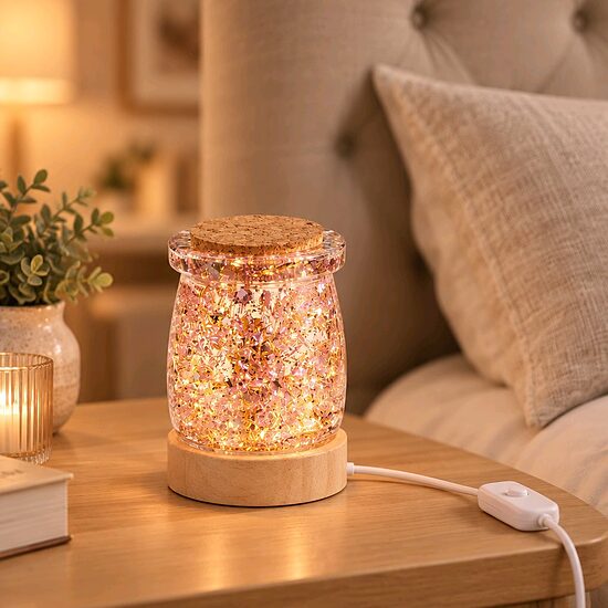 LED nakts lampa burciņa no epoksīda sveķiem ar korķa vāciņu, USB ar slēdzi, 15–20 cm