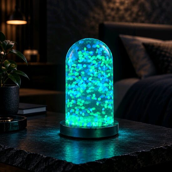 LED nakts lampa no epoksīda sveķiem ar tumsā spīdošiem akmentiņiem, USB ar slēdzi